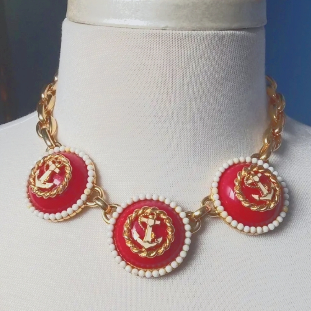 Vintage Red Anchor Nautical Choker necklace w Goldtone Chain
